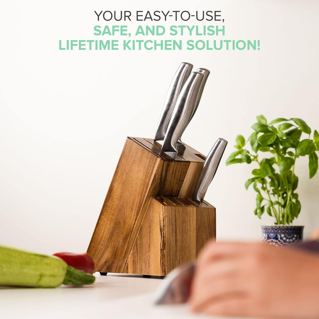 Acacia Wood Kitchen Knife Block - 15 Slots Knife Holder - Professional Quality Wood Knife Organizer - Secure Knife Stand To Keep Knives Neat & Sharp - Knife Blocks For Kitchen Knife Storage