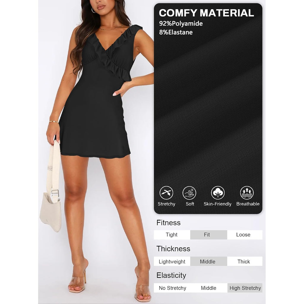 Miyieonz Women'S Sexy V Neck Sleeveless Backless Ruffles Dress For Women Elegant Mesh Party Fitted Cocktail Mini Dresses