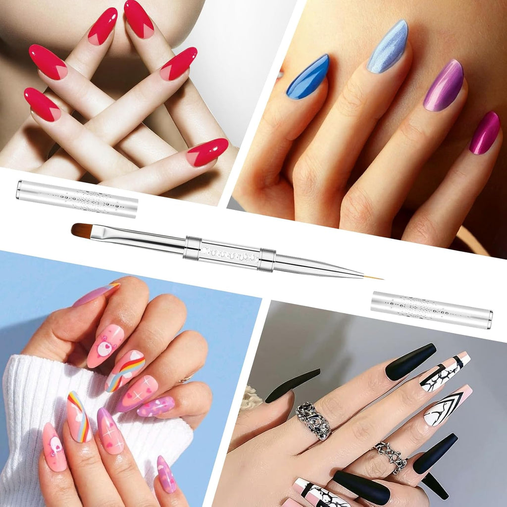 2 Pcs Double-Ended Builder Gel Brush, Hard Gel Nail Brushes Oval French Tip Brush, Liner Brushes for Nails, Rhinestone Handle Nail Drawing Brushes for Design Nail