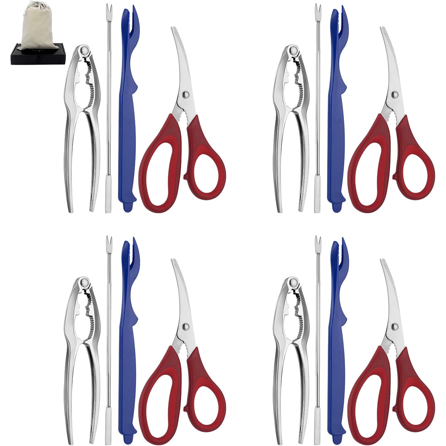 Seafood Tools Set includes 4 Crab Crackers 4 Seafood Fork 4 Lobster Crackers 4 Seafood Scissors -Nut Cracker and Storage Bag（17 Piece ）