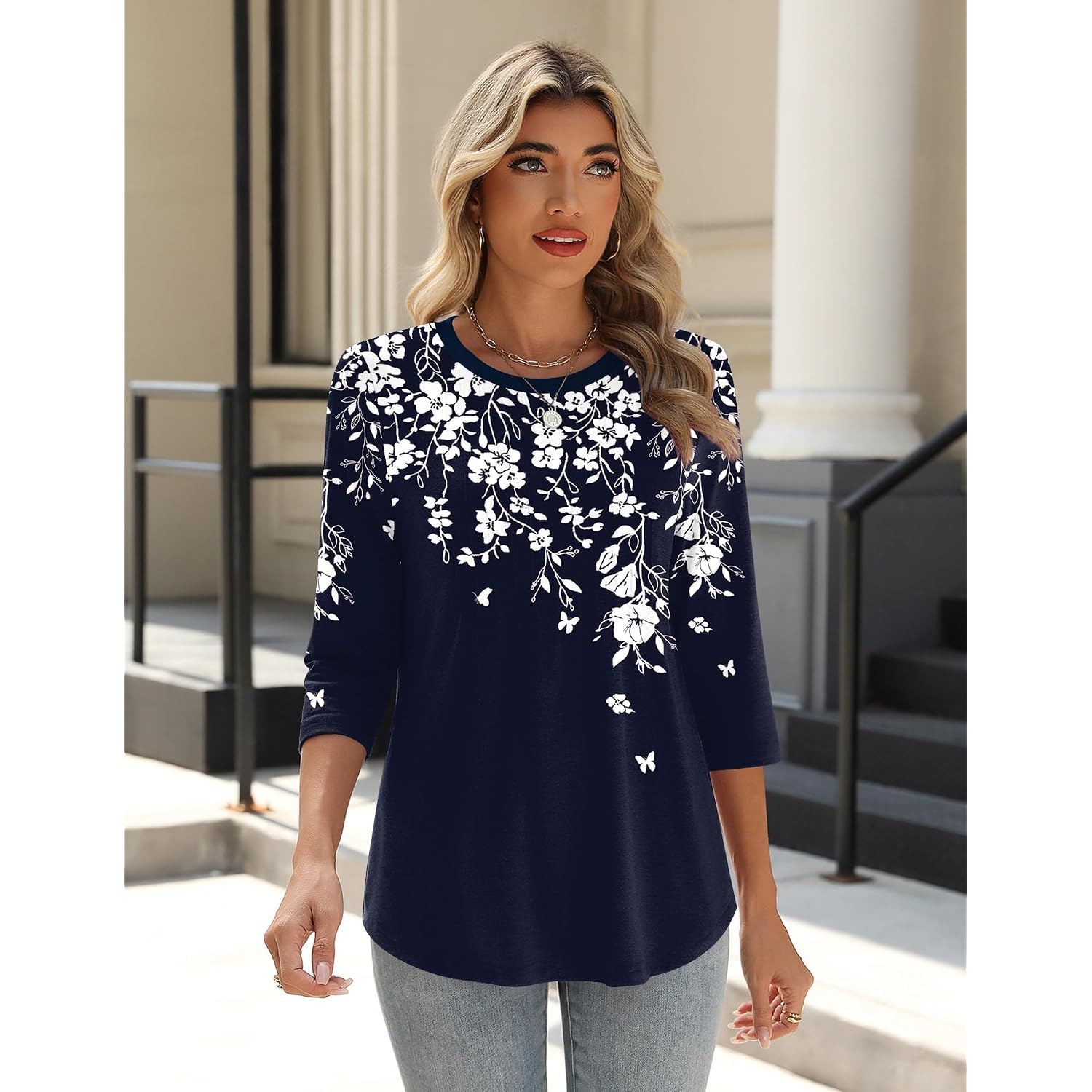 Zeagoo 3/4 Length Sleeve Womens Tops Crew Neck Loose Fit Shirts Pleated Cute Clothes Dressy Casual 2026 Summer Tunics