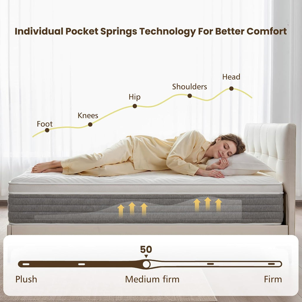 Queen Mattress, 12 Inch Queen Size Hybrid Mattress In A Box With Memory Foam And Individually Pocketed Spring, Motion Isolation, Pressure Relief, Medium Firmness, Certipur-Us Certified