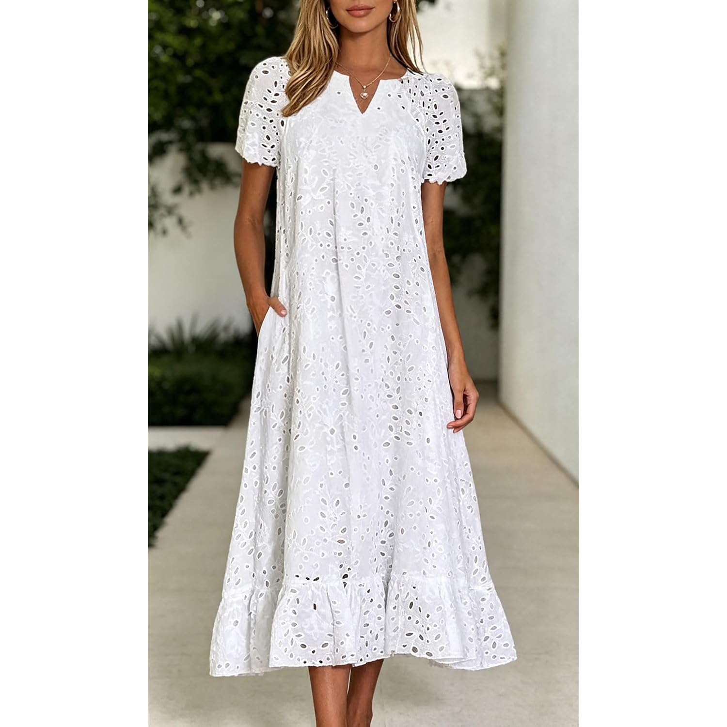 Chouyatou Women Summer Ruffle Hem Floral Lace Eyelet Dress Casual Notch Neck Midi Tunic Dress With Pocket