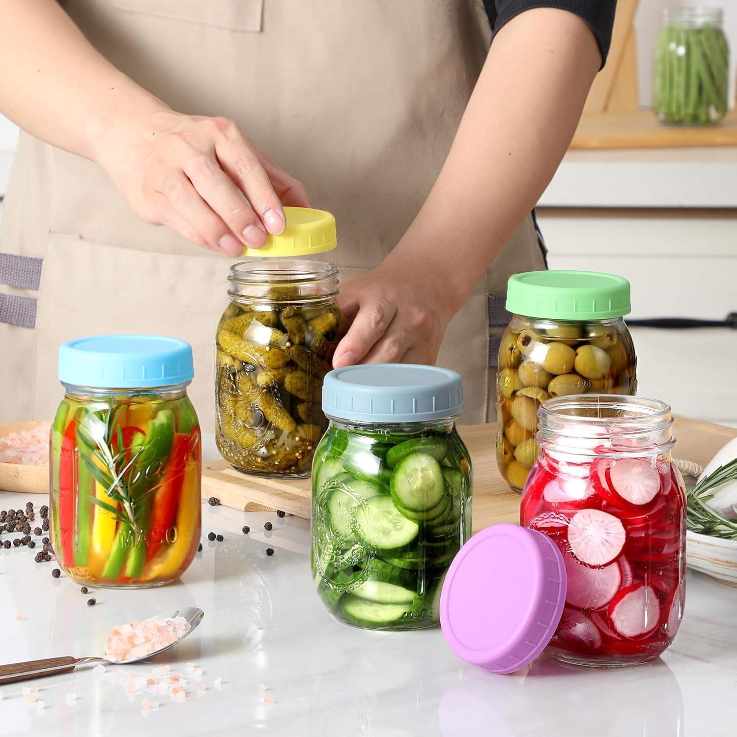 12 Pack Regular Mouth Mason Jar Lids For Ball, Kerr And More - Multicolor Plastic Storage Caps For Mason Jars, Canning Jars - Leakproof, Dishwasher Safe & Food Grade