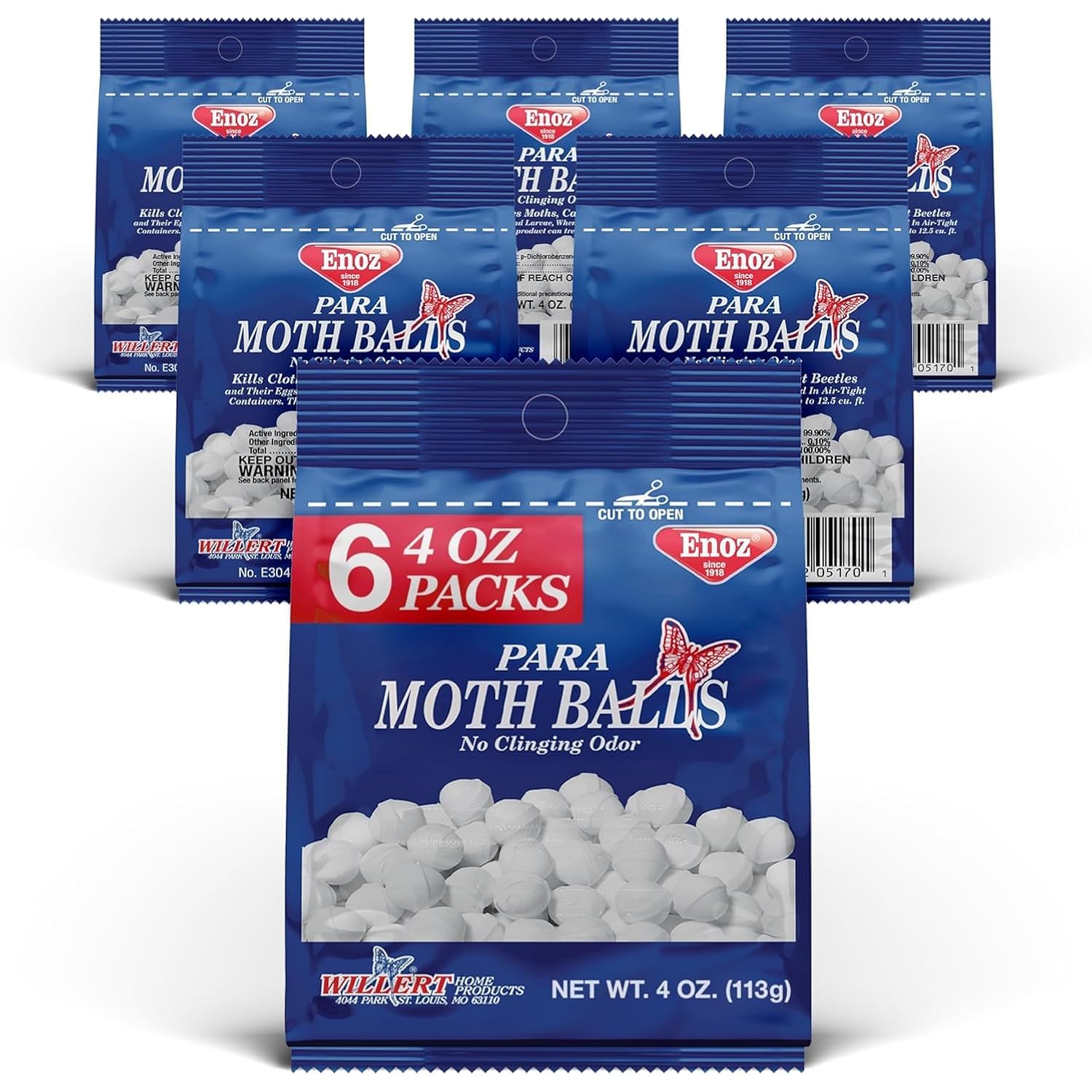 Enoz Para Moth Balls For Closets And More - Kills Clothes Moths And Carpet Beetles - For Indoor Use - No Clinging Odor - 4 Oz (Pack Of 6)