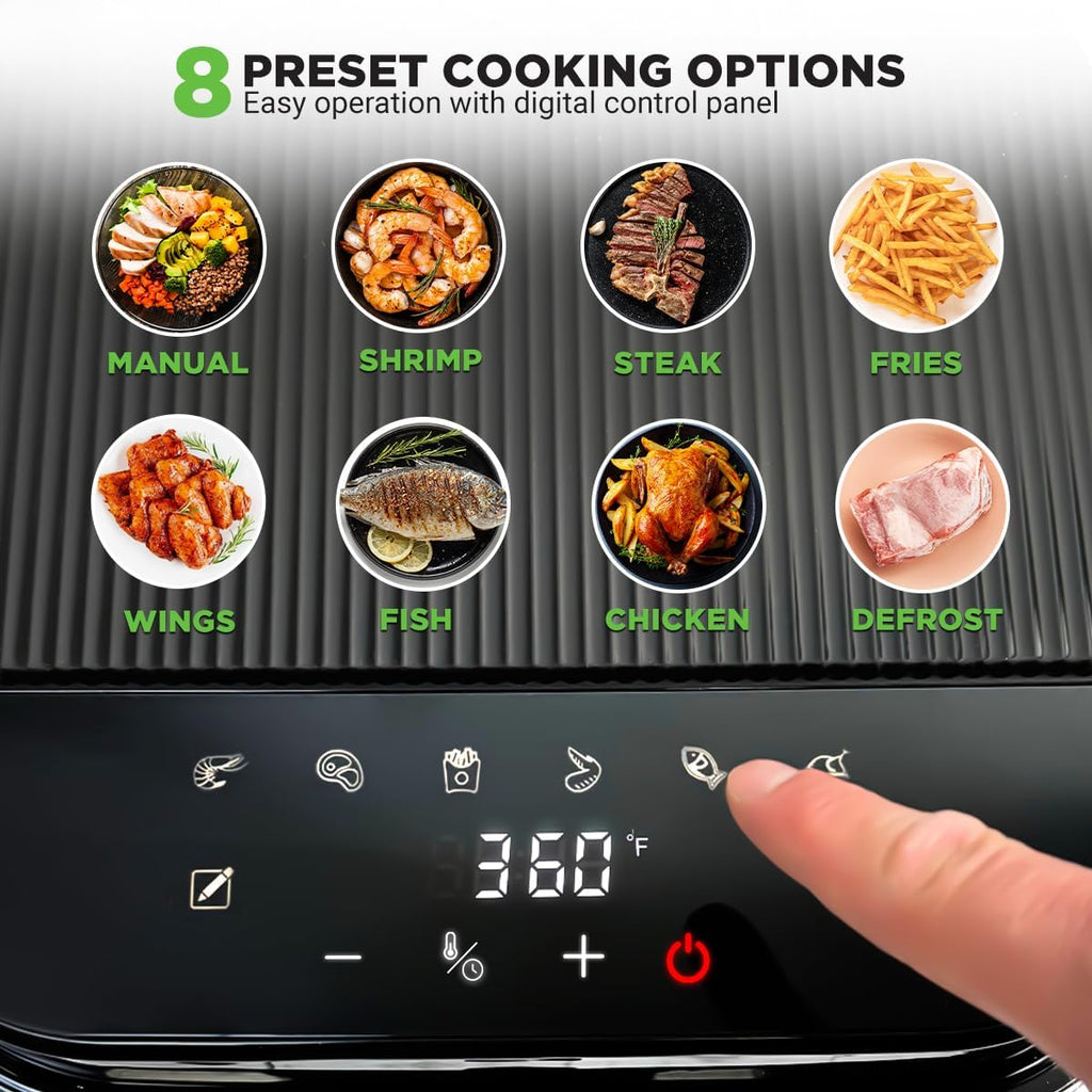 Nutrichef 5.8 Quart Air Fryer | 8-1 Preset Cook Modes | Transparent Fry Bowl for Best Cooking Results | Cook Shrimp, Steak, Fries, Wings, Chicken & More | Precise Temperature Control & Time | Grey