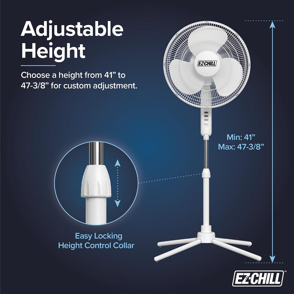 Ez-Chill 16” Oscillating Pedestal Fan, 3-Speed Options, 90-Degree Oscillating Head, Adjustable Height And Tilt, Powerful Air Flow, White, Mtsp15-16Az