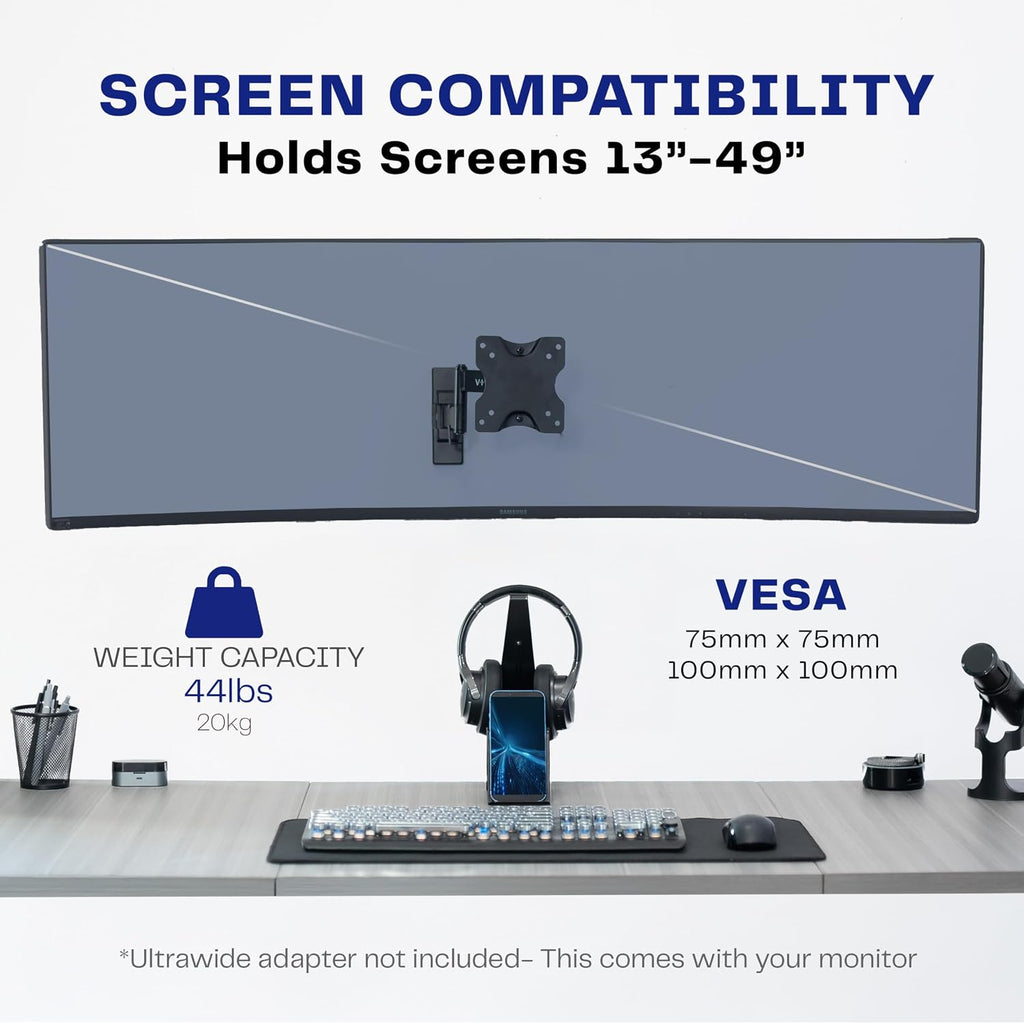 Vivo Full Motion Ultrawide Monitor Wall Mount, Fits Ultra-Wide Screens Up To 49 Inches And 44 Lbs, Tilt And Swivel Arm, Black, Mount-Vw01M