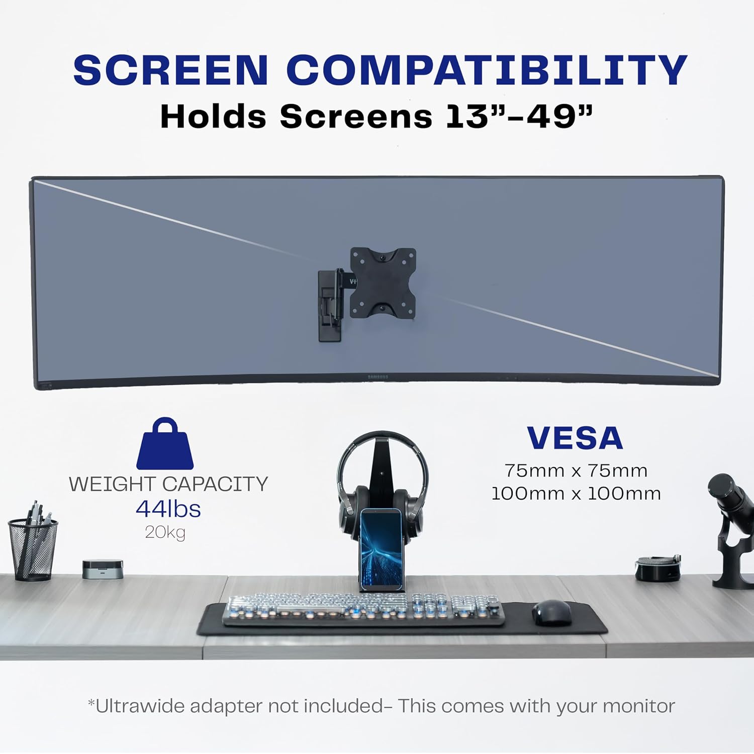 Vivo Full Motion Ultrawide Monitor Wall Mount, Fits Ultra-Wide Screens Up To 49 Inches And 44 Lbs, Tilt And Swivel Arm, Black, Mount-Vw01M