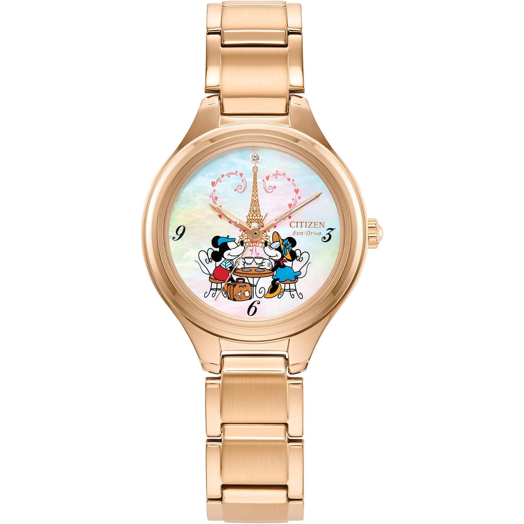Citizen Women'S Eco-Drive Mickey And Minnie Mouse Take Paris, Mother-Of-Pearl Dial, Gold-Tone Stainless Steel Bracelet Watch (Model: Fe2103-52D)