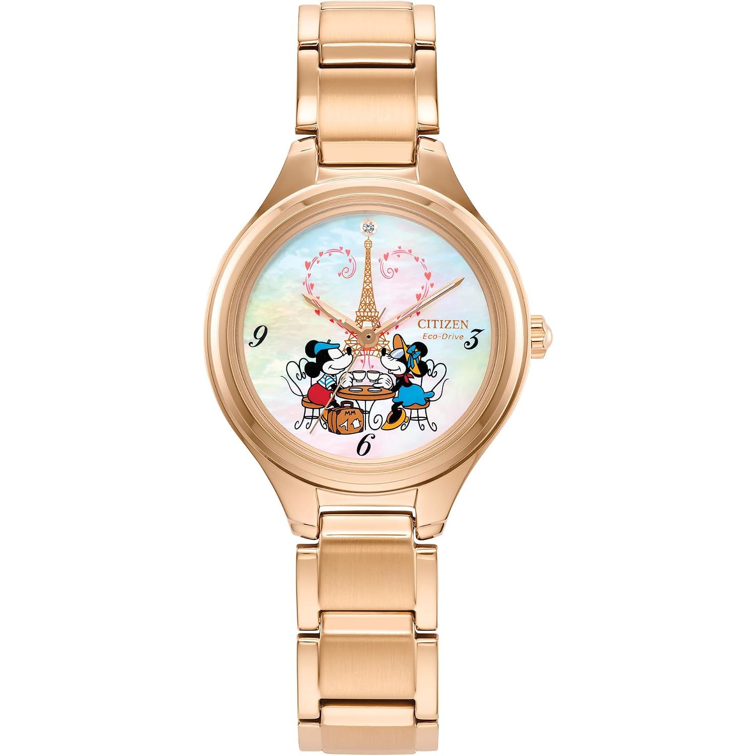 Citizen Women'S Eco-Drive Mickey And Minnie Mouse Take Paris, Mother-Of-Pearl Dial, Gold-Tone Stainless Steel Bracelet Watch (Model: Fe2103-52D)