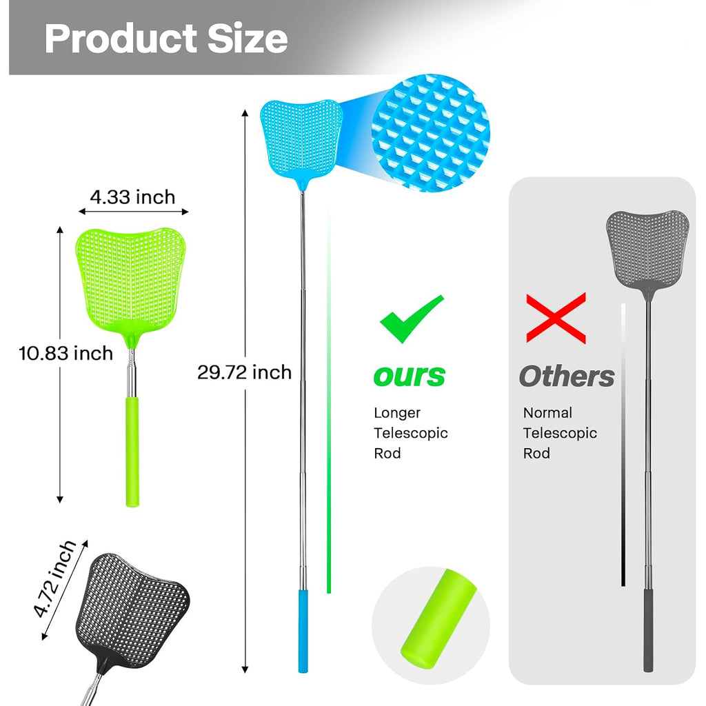 Telescopic Fly Swatter, Begonia Fly Swatter For Indoors,Manual Plastic Flyswatter Heavy Duty With Stainless Steel Telescopic Handle (3 Pack)
