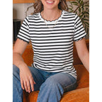 Tankaneo Womens Short Sleeve Striped Tshirts Summer Color Block Scalloped Tops Trendy Casual Basic Tee Shirts