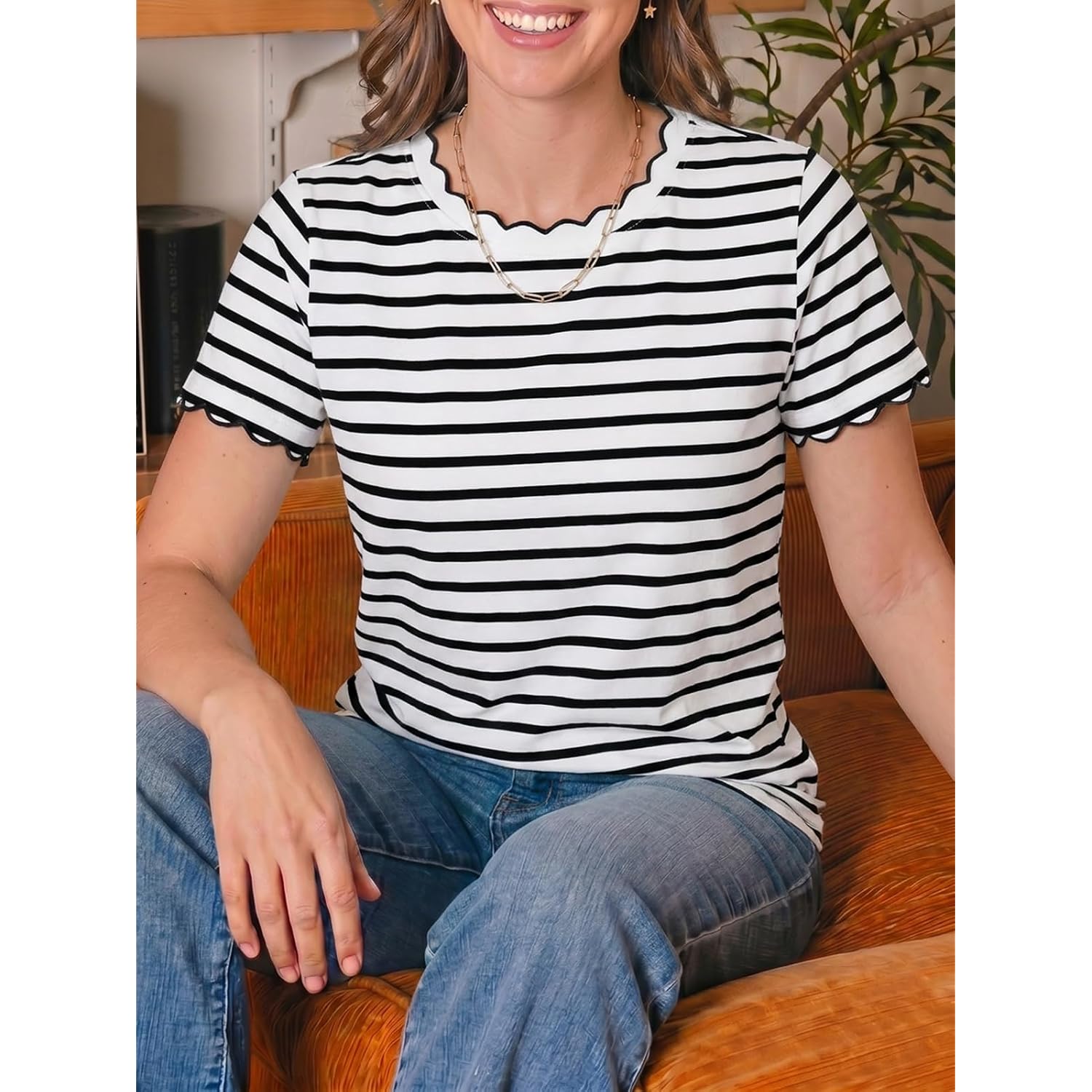 Tankaneo Womens Short Sleeve Striped Tshirts Summer Color Block Scalloped Tops Trendy Casual Basic Tee Shirts