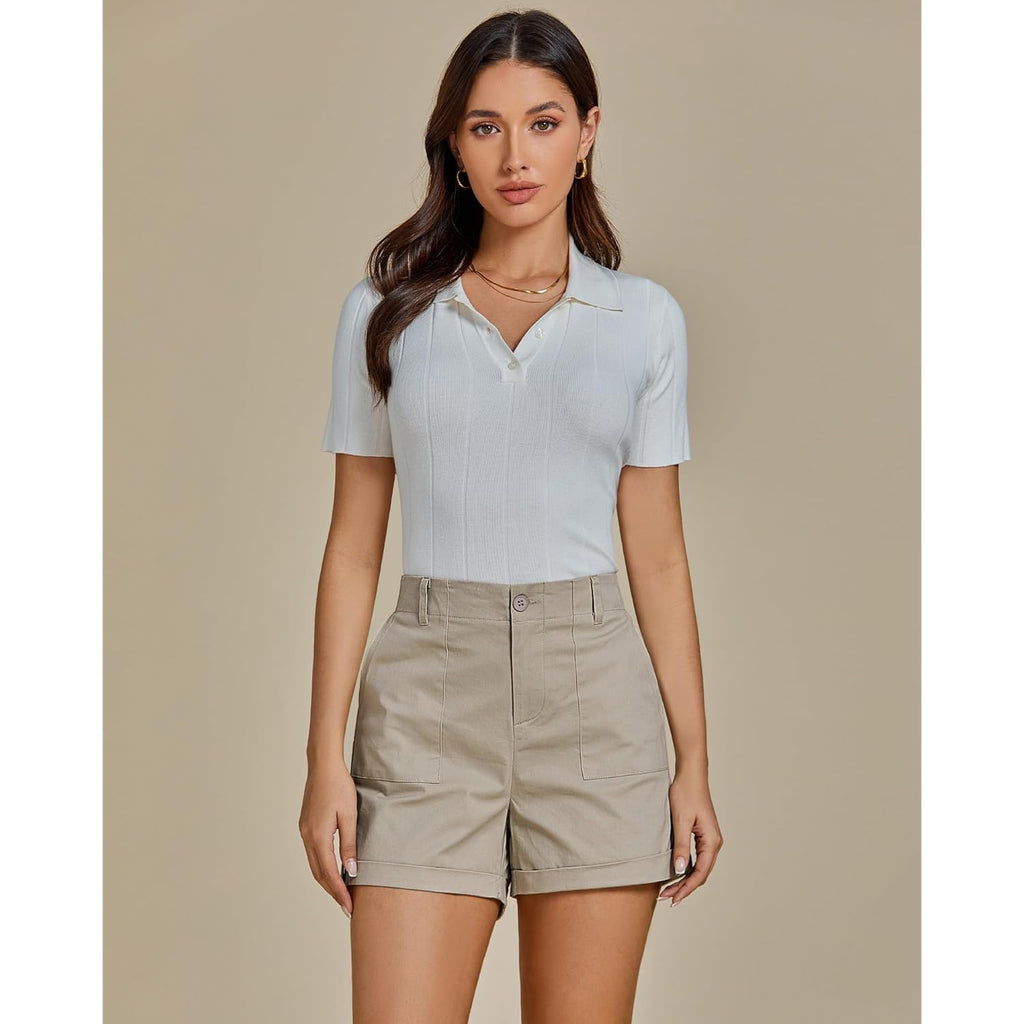 Shorts for Women High Waisted Dressy Casual Summer Elastic Waist Comfy Rolled Hem Stretch Twill Pocket Shorts