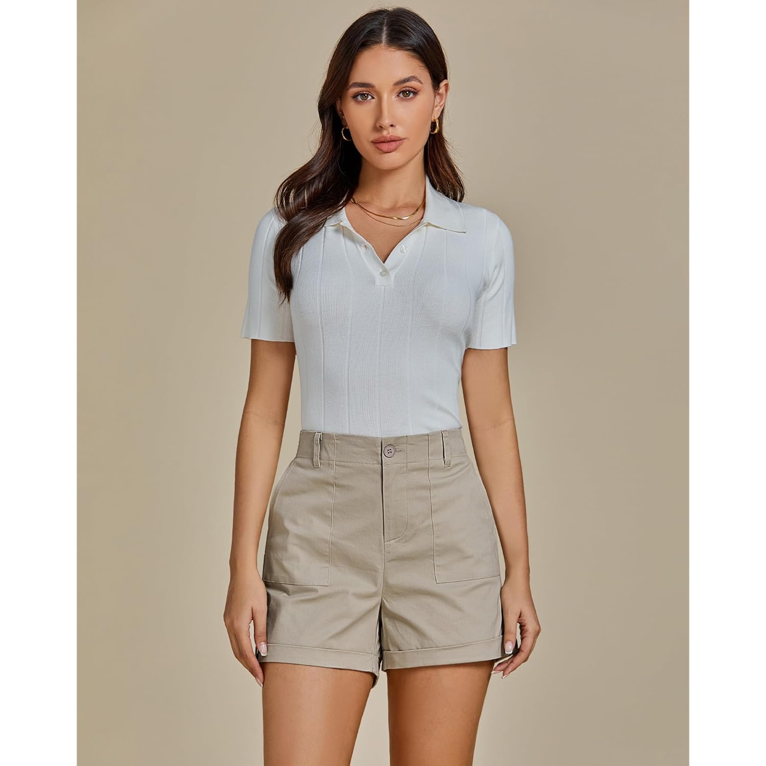 Shorts for Women High Waisted Dressy Casual Summer Elastic Waist Comfy Rolled Hem Stretch Twill Pocket Shorts