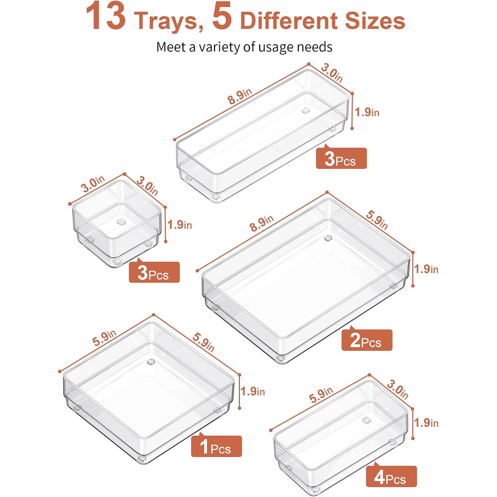 Smartake 13-Piece Drawer Organizer With Non-Slip Silicone Pads, 5-Size Desk Drawer Organizer Trays Storage Tray For Makeup, Jewelries, Utensils In Bedroom Dresser, Office And Kitchen (Clear)
