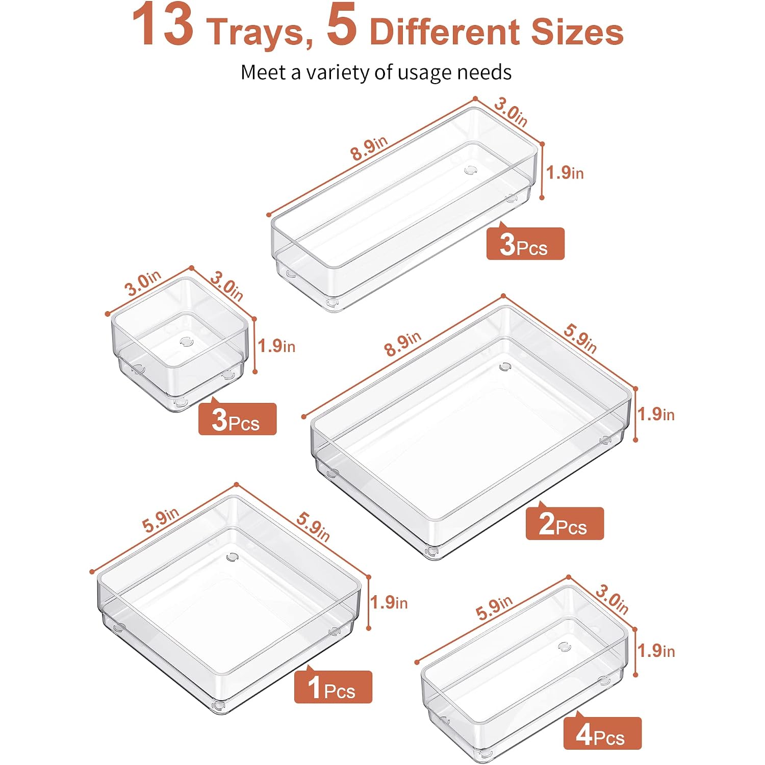 Smartake 13-Piece Drawer Organizer With Non-Slip Silicone Pads, 5-Size Desk Drawer Organizer Trays Storage Tray For Makeup, Jewelries, Utensils In Bedroom Dresser, Office And Kitchen (Clear)