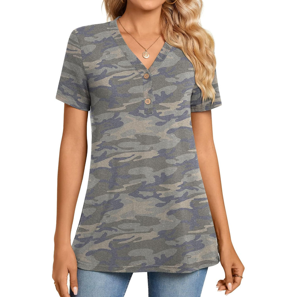 BISHUIGE Womens Henley Tunic Tops Button Up Tshirts Short Sleeve Vneck Casual Blouses