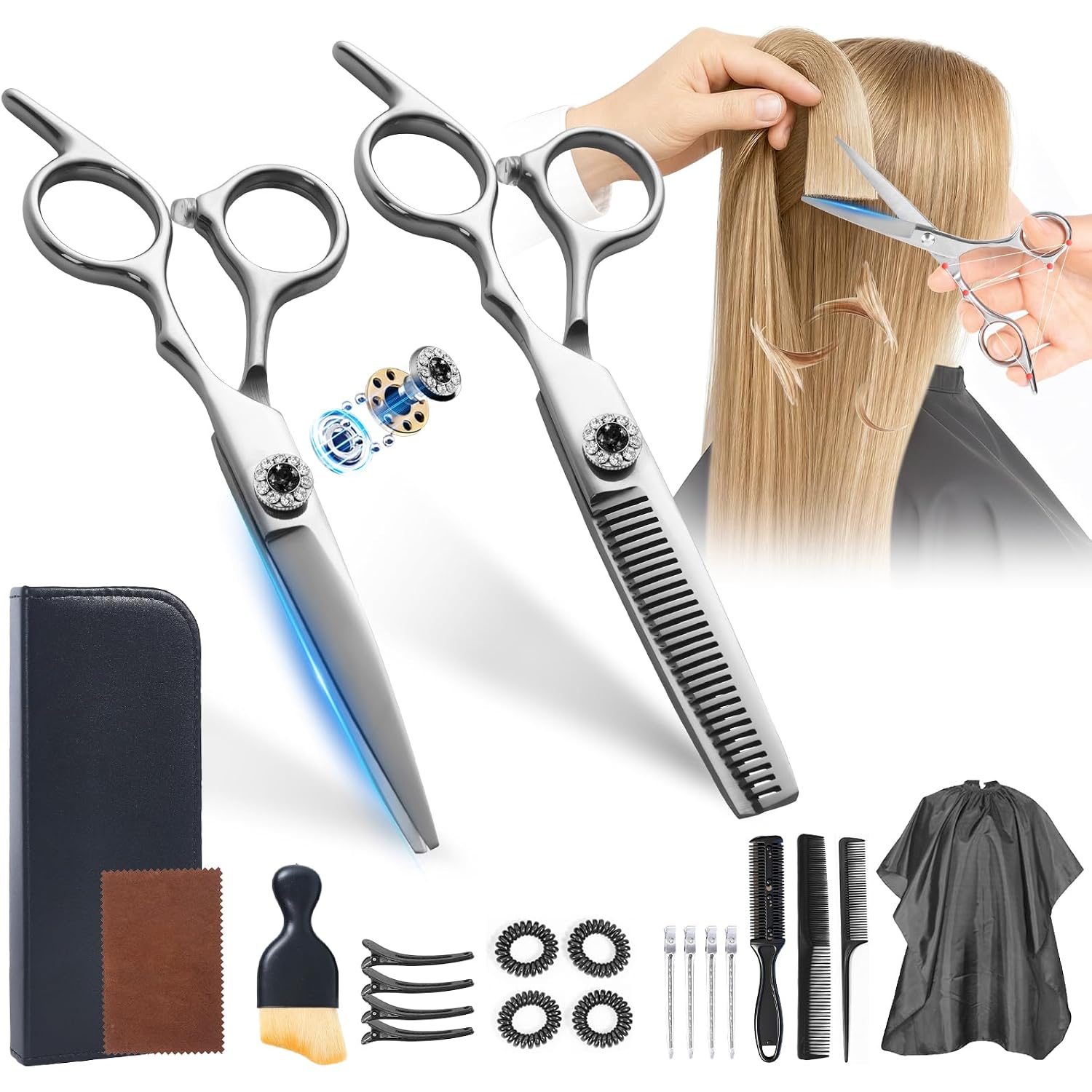 Japanese 6Cr13 Steel Hair Cutting Scissors Kit, 21-Pcs Barber Shears Set | Sharp No-Pull Blades Made Of Premium Japanese Steel. Complete 21-Pcs Haircut Set For Professional Barbers And Home Salon.