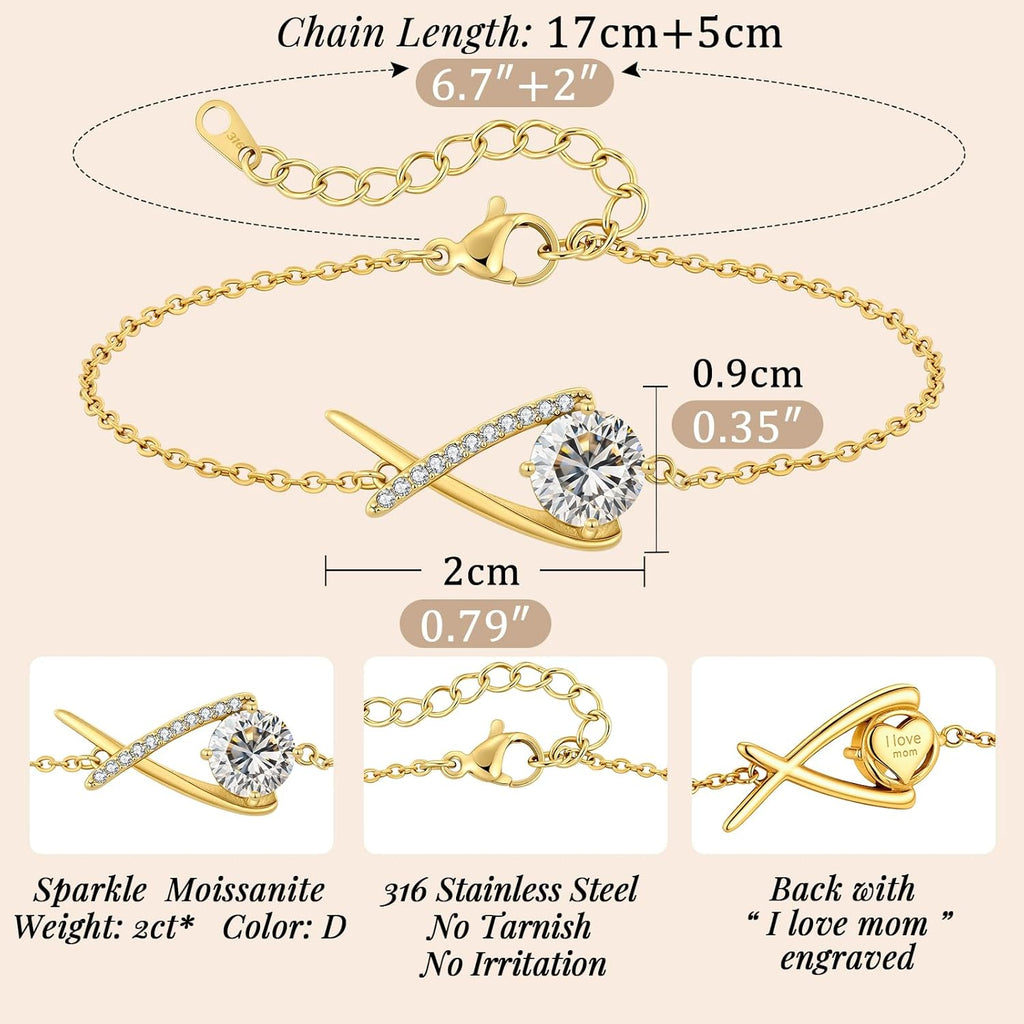 ANDSO Mothers Day Gifts for Mom, 2 Carat Moissanite Infinity Bracelets for women, 14K gold Plated, Engraved I Love Mom, Elegant Jewelry for Woman Wife Girlfriend Her