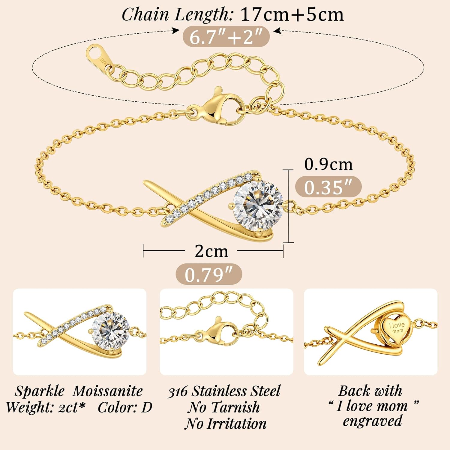 ANDSO Mothers Day Gifts for Mom, 2 Carat Moissanite Infinity Bracelets for women, 14K gold Plated, Engraved I Love Mom, Elegant Jewelry for Woman Wife Girlfriend Her