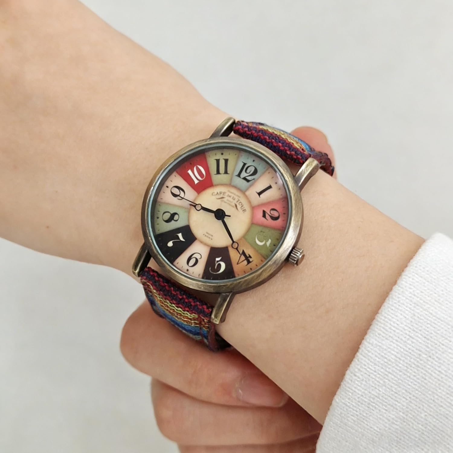 Gosasa Vintage Elegant Boho Hippie Style Quartz Watch for Women, Large Arabic Numerals Dial Creative Dress Colorful Ladies Watch, Fashion Casual Women Wristwatch with Rainbow Woven Strap