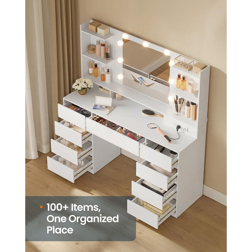 Songmics Home Vanity Desk With Mirror And Lights, Makeup Vanity Table With Power Outlets, 9 Drawers Storage Dressing Table For Bedroom, White