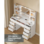 Songmics Home Vanity Desk With Mirror And Lights, Makeup Vanity Table With Power Outlets, 9 Drawers Storage Dressing Table For Bedroom, White