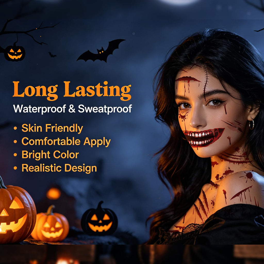 12 Sheets Zombie Wound Tattoos, Realistic Fake Scars&Blood Tattoos for Halloween Makeup, Waterproof Fake Wound Tattoos for Kids & Adults, Halloween Body Face Tattoos for Cosplay Party Zombie Makeup
