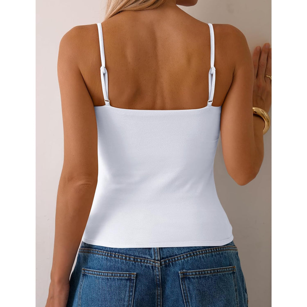 PrettyGuide Women Cotton Cami Tops Built-in Shelf Bra Unpadded Square Neck Crop Tank Top Fitted Basic Camisole Going Out Tees