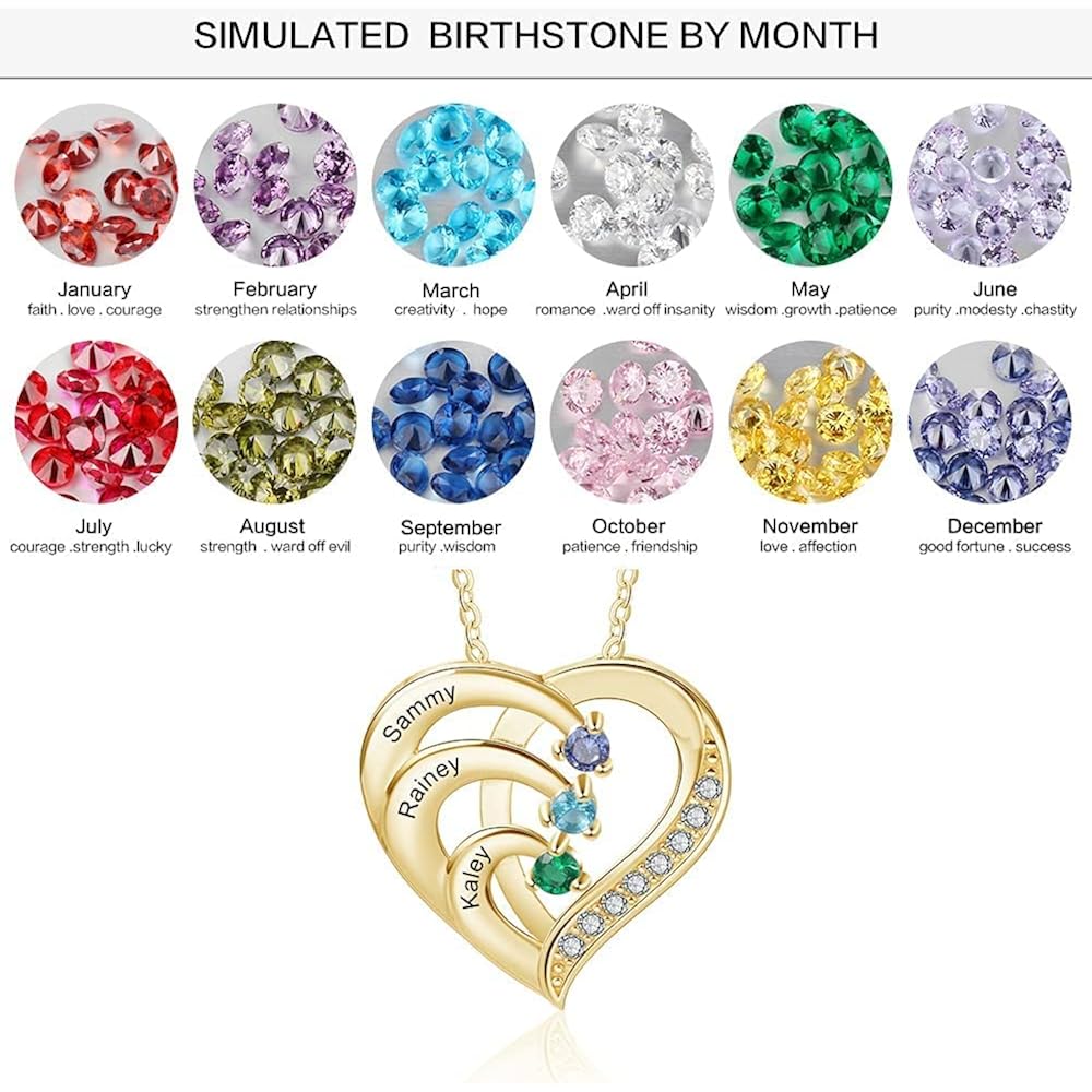 Jeweidea Personalized Sterling Silver Heart Necklace with Simulated Birthstones Custom Name Mother Daughter Promise Pendant for Women Mom Her