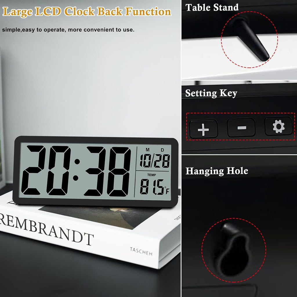 Digital Lcd Wall Clock Easy To Set, 8.5 Inch Lcd Screen With Time/Date/Temperature Display,Simple Digital Desk Clock With 12/24H For Bedroom Living Room Office Décor