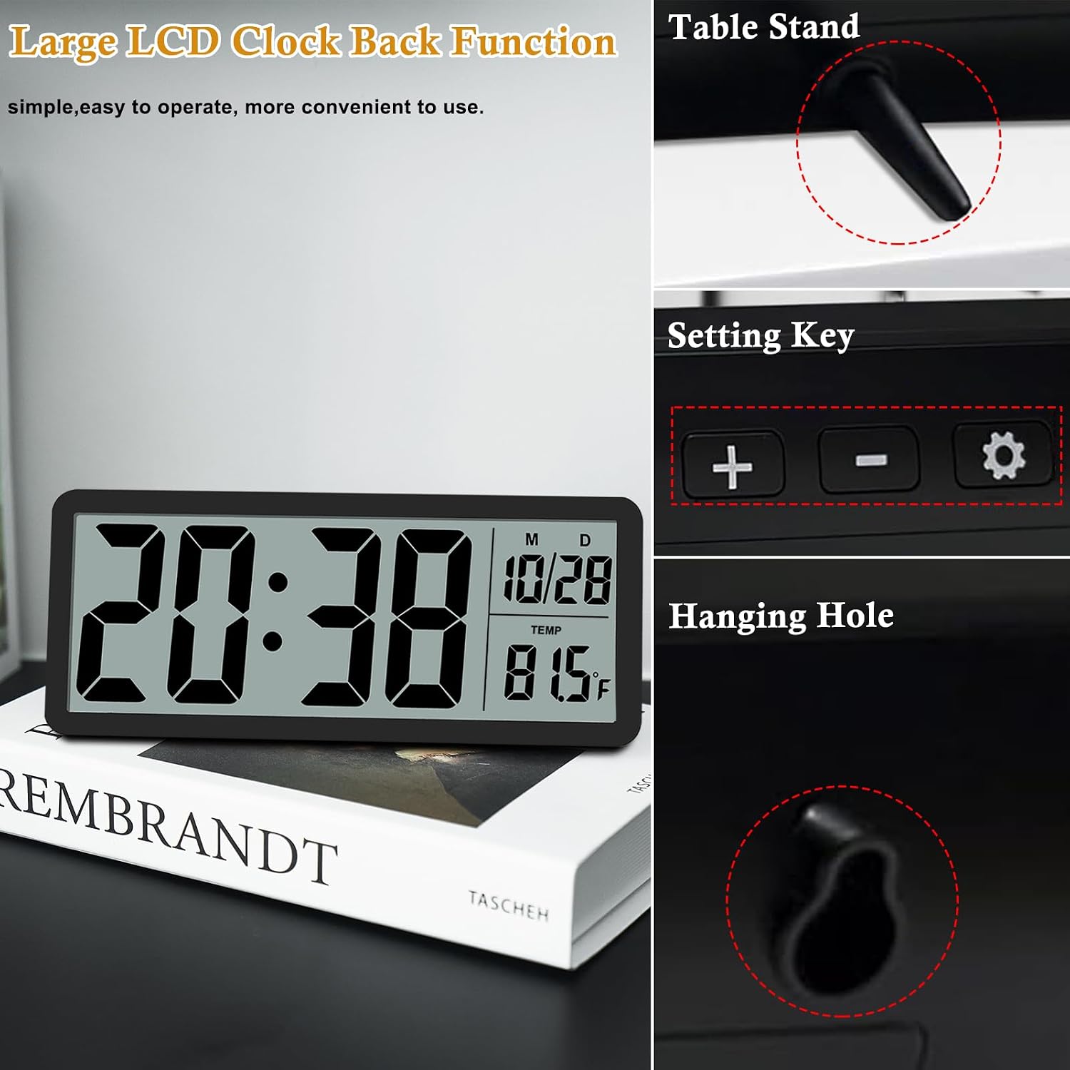 Digital Lcd Wall Clock Easy To Set, 8.5 Inch Lcd Screen With Time/Date/Temperature Display,Simple Digital Desk Clock With 12/24H For Bedroom Living Room Office Décor