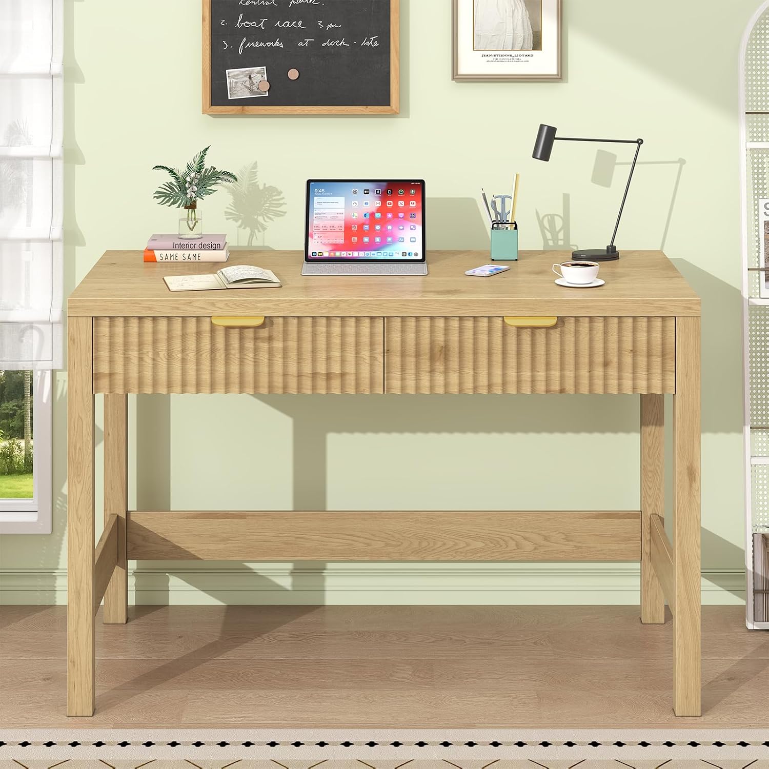 Fluted Computer Desk With 2 Drawers, 39 Inch Small Computer Desk With Storage, Compact Writing Study Desk For Small Spaces