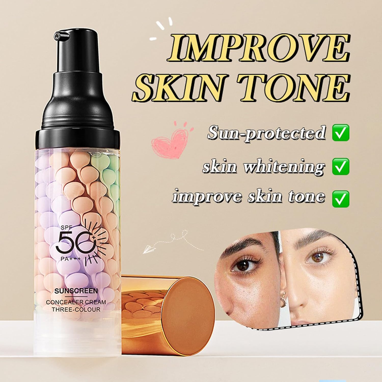 3 In 1 Primer for Face Before Makeup, Sunscreen Isolation Cream Face Tinted Moisturizer, SPF 50,One Step Color Corrector, Makeup Primer Oil Control & Concealer Skin Tone Correcting,Radiance Skin