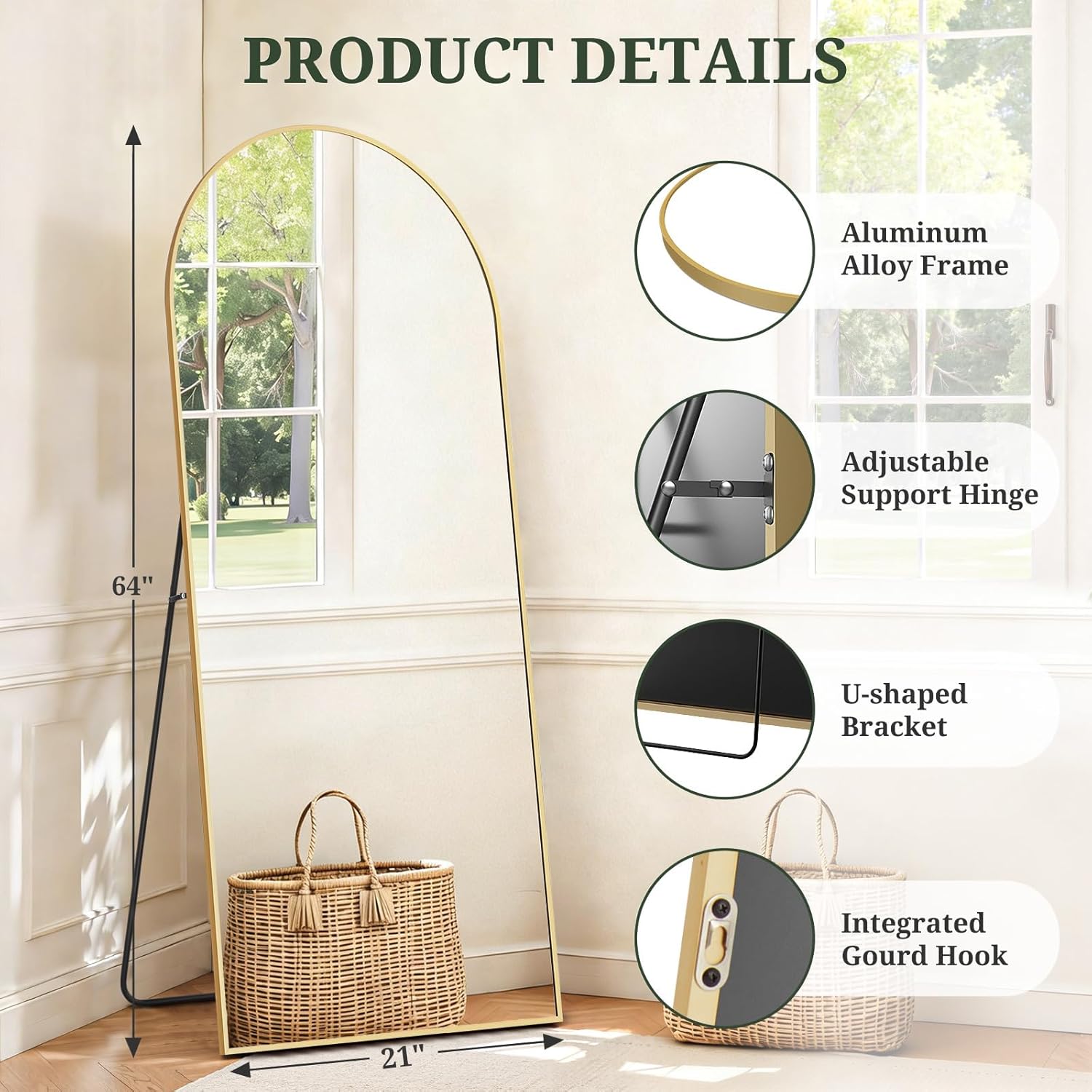 Mirror Full Length 64"x21" Full Body Floor Mirror with Stand, Shatterproof Glass, Aluminum Alloy Frame, Free Standing Wall Mounted or Leaning Arched Mirrors for Bedroom Living Room Entryway