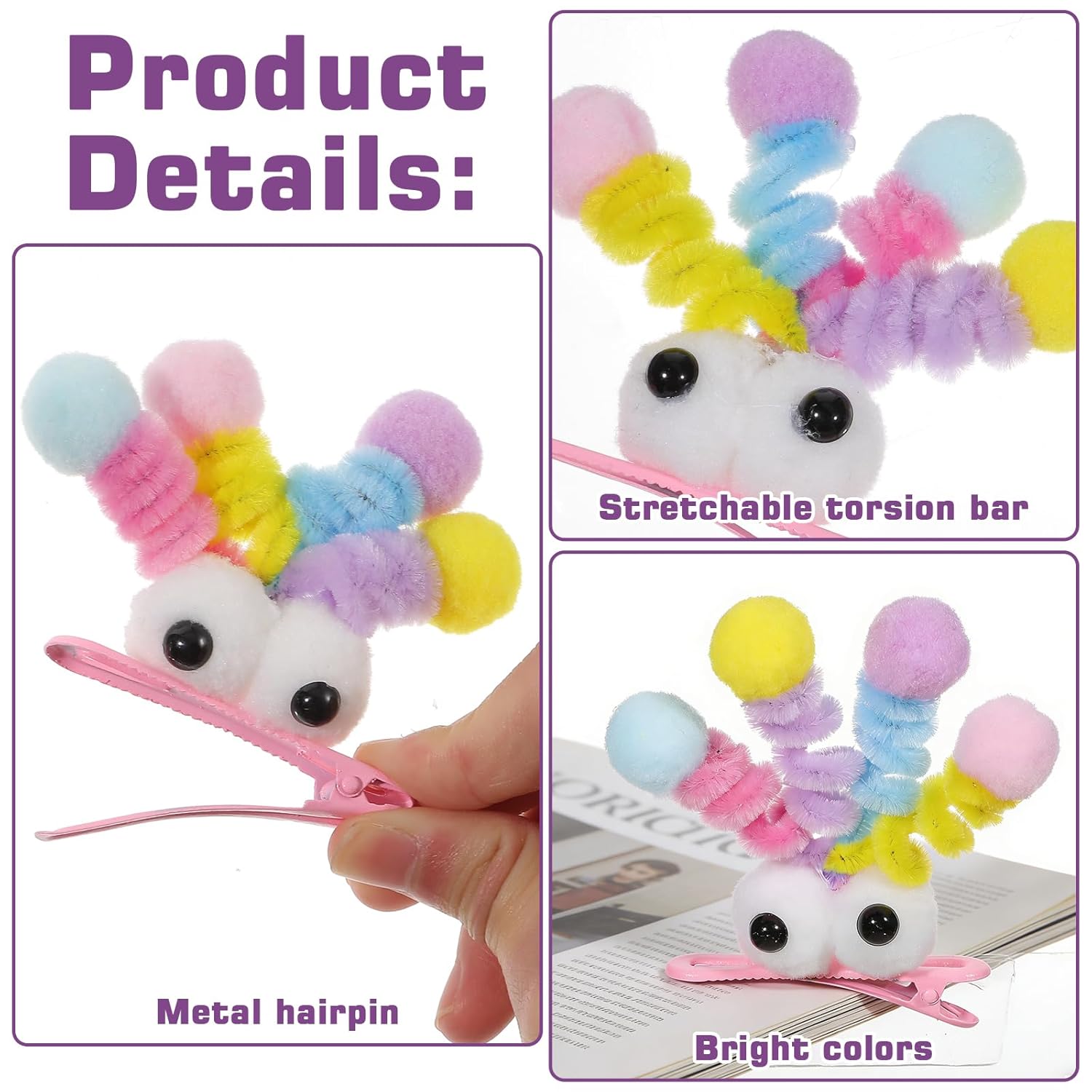 4 Pcs Fluffy Pom Poms Hair Clips Funny Plush Duckbill Hairpins Hair Barrettes Kawaii Cartoon Clips Non Slip Crazy Hair Day Accessories for Long Short Hairs Party Styling