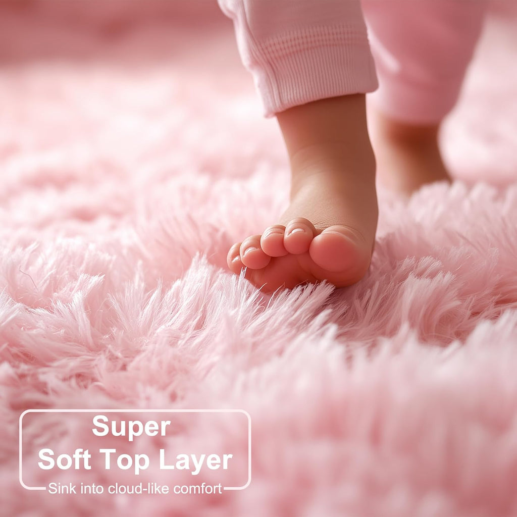 Amdrebio Light Pink Round Circle Rug 4Ft for Girls Bedroom, Fluffy Cute Area Rugs for Kids Room Decor Aesthetic, Small Shag Fur Carpet for Nursery Dorm Classroom Playroom Teen Toddler Baby Corner