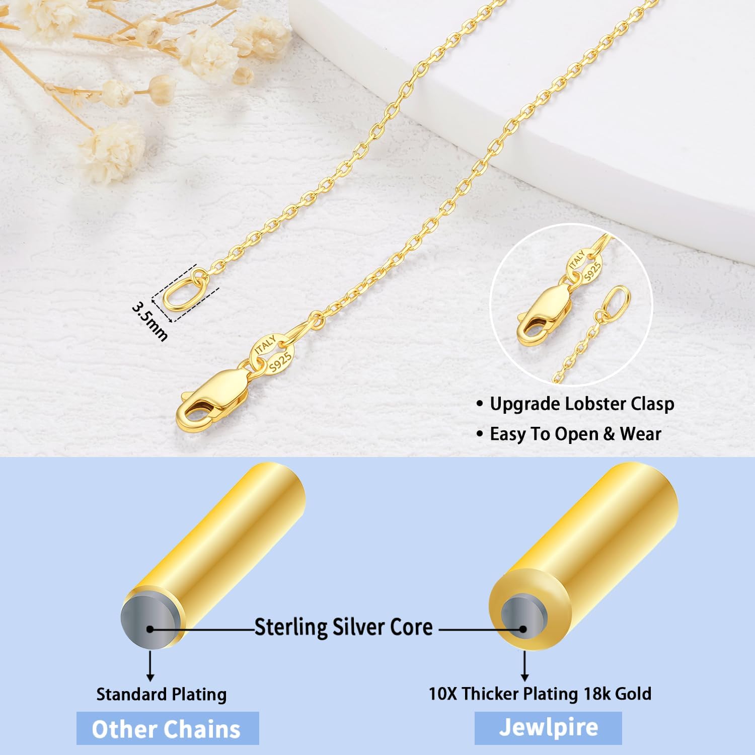 Jewlpire 18k Gold Plated 925 Sterling Silver Chain Necklace for Women, 1.2mm Cable Chain Necklace Thin & Dainty & Sturdy Women's Chain Necklaces 14/16/17/18/20/22/24 Inch