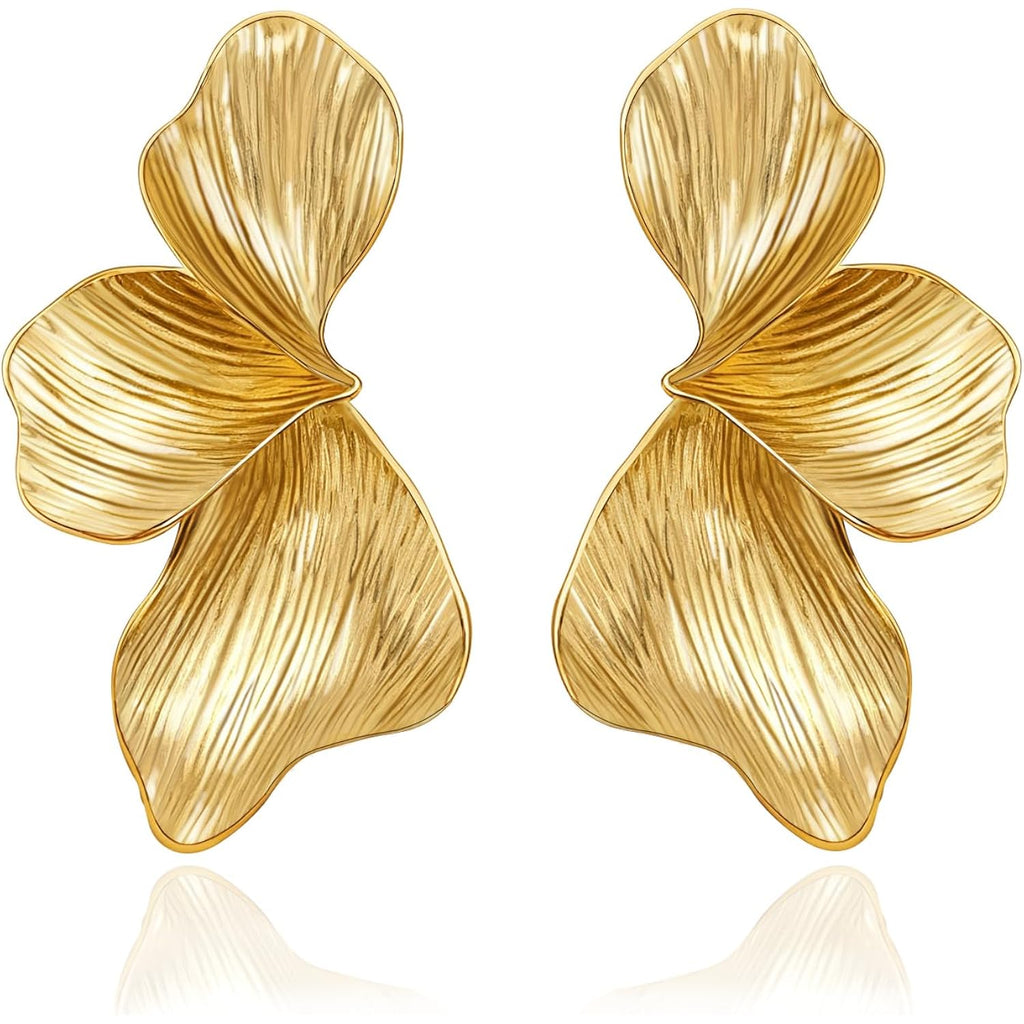 OGD Chunky Gold Statement Earrings For Women Trendy Gold Plated Sectored Flower Leaf Angel Wing Earrings Large Stud Jewlery Hypoallergenic
