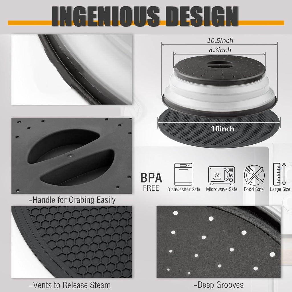 Microwave Splatter Cover & Silicone Mat – Collapsible, Vented, Reusable Food Guard And Plate Cover With Heat-Resistant Trivet For Pots, Pans, And Kitchen Counter, Black