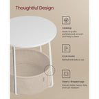 Vasagle Lilea Collection - Small Round Side End Table, Modern Nightstand With Fabric Basket, Matte White And Camel Brown Ulet223W10