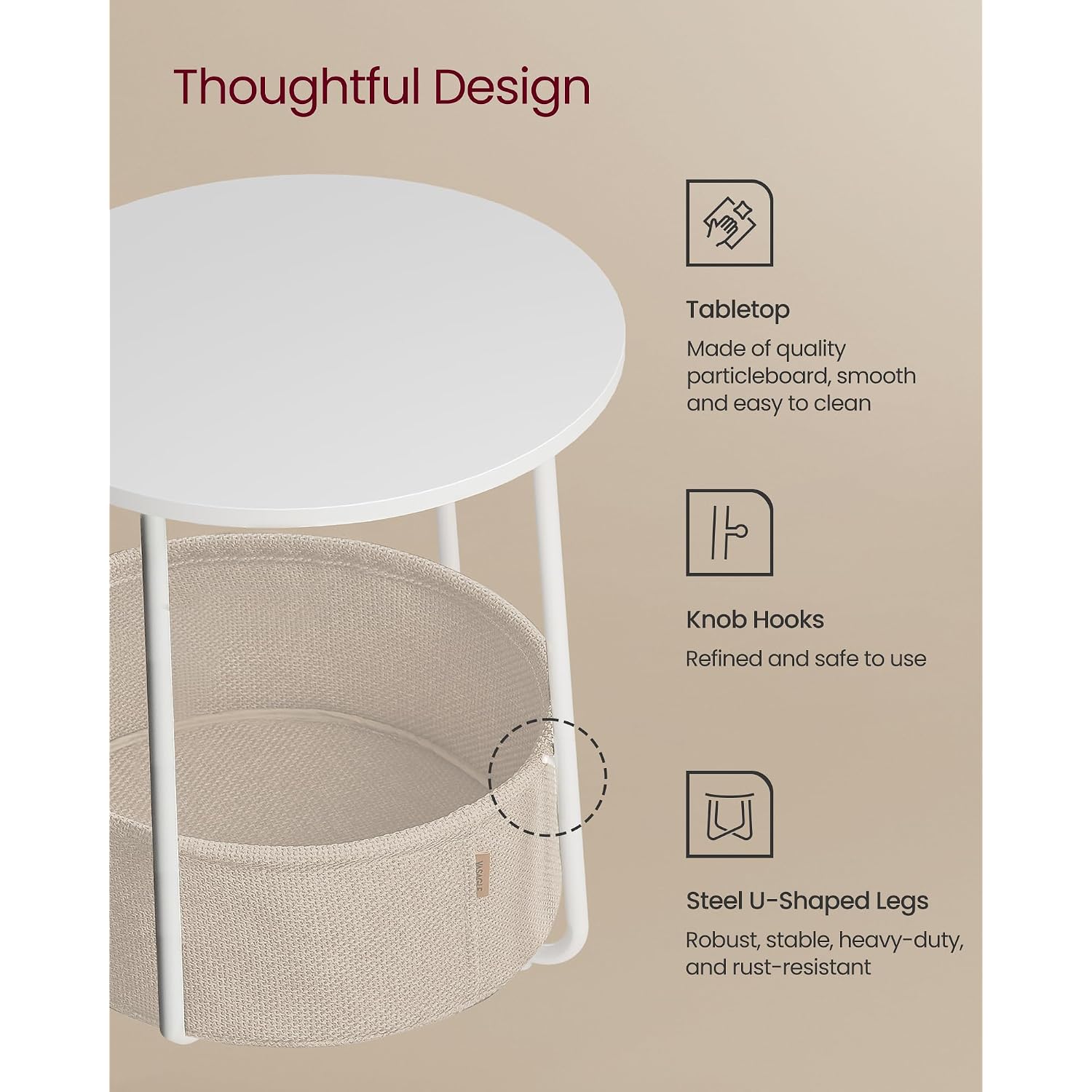 Vasagle Lilea Collection - Small Round Side End Table, Modern Nightstand With Fabric Basket, Matte White And Camel Brown Ulet223W10