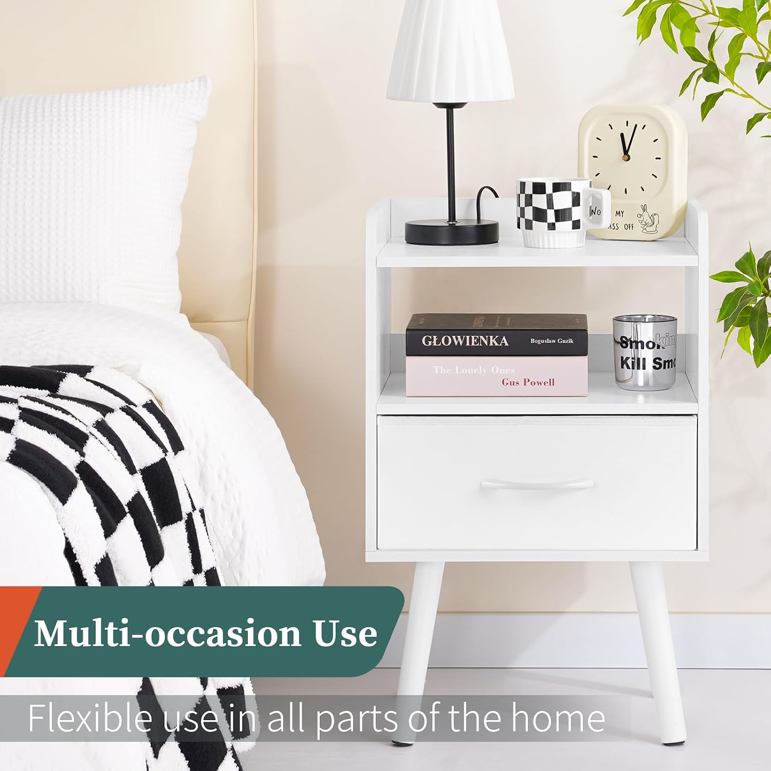 Yoobure Modern Nightstand With Drawer, Bedside Tables, Mid Century Nightstands With Open Storage Shelf, Wood Bedside Table, Small Night Stands For Bedrooms, 2-Tier Night Table