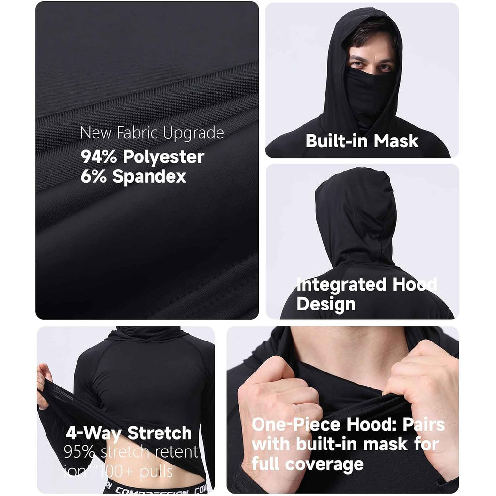 3 Pack Men'S Hooded Long Sleeve Shirt With Face Mask, Upf Sun Protection Stretch Workout Shirt For Running Cycling Fishing