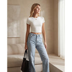 Stelle Womens Short Sleeve Crop Tops Crewneck Basic T Shirts Cute Going Out Baby Tee