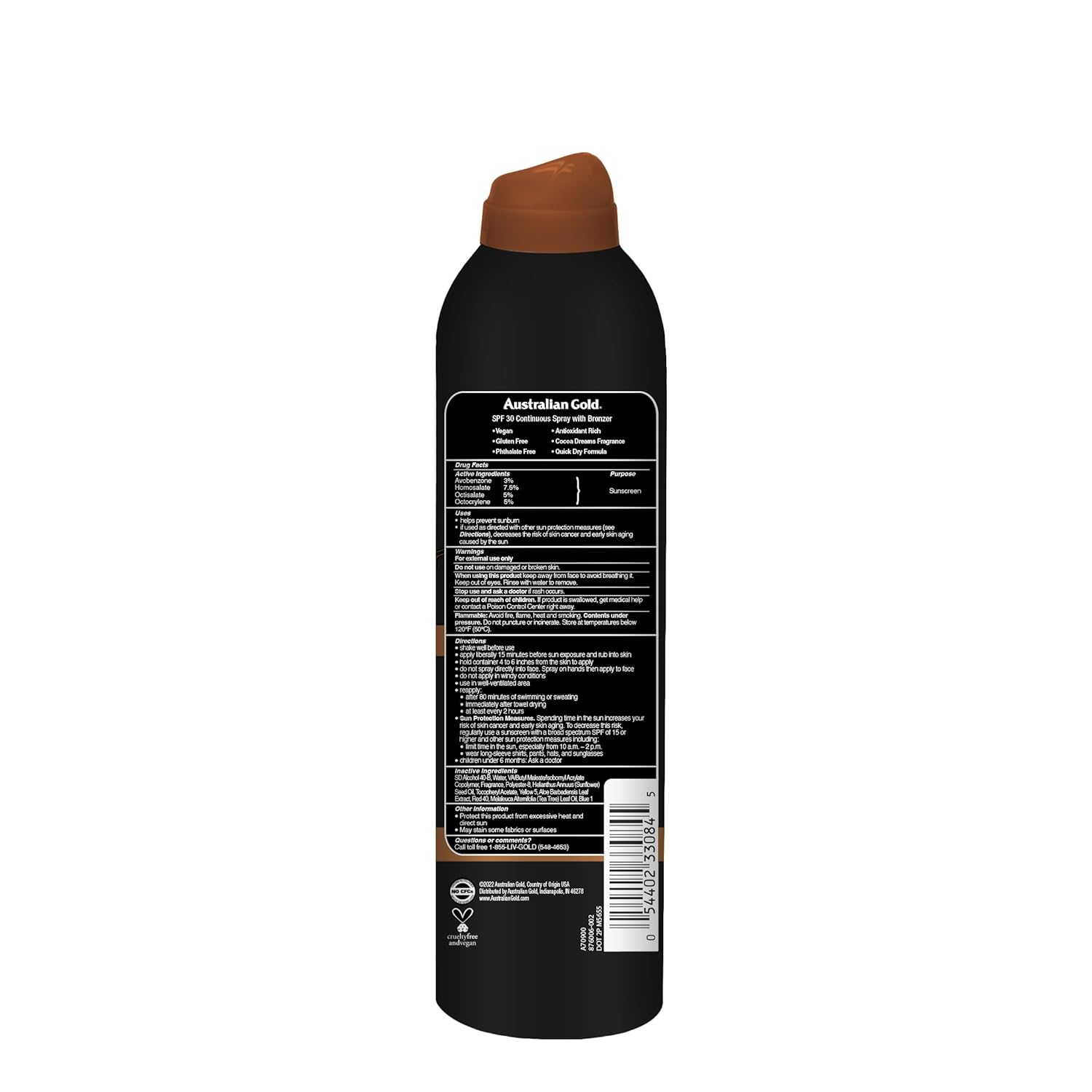 Australian Gold Continuous Spray Sunscreen with Instant Bronzer SPF 30, Immediate Glow & Dries Fast Water Resistant NonGreasy Oxybenzone Free Cruelty Free, Bronzer New, Orange, 6 Oz