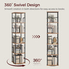 Mahancris 5-Tier Rotating Bookshelf, Freestanding Corner Bookshelf, 360° Spinning Bookcase, Industrial Style Storage Rack With Rails, For Living Room, Bedroom, Study, Rustic Brown And Black Bkhr1601