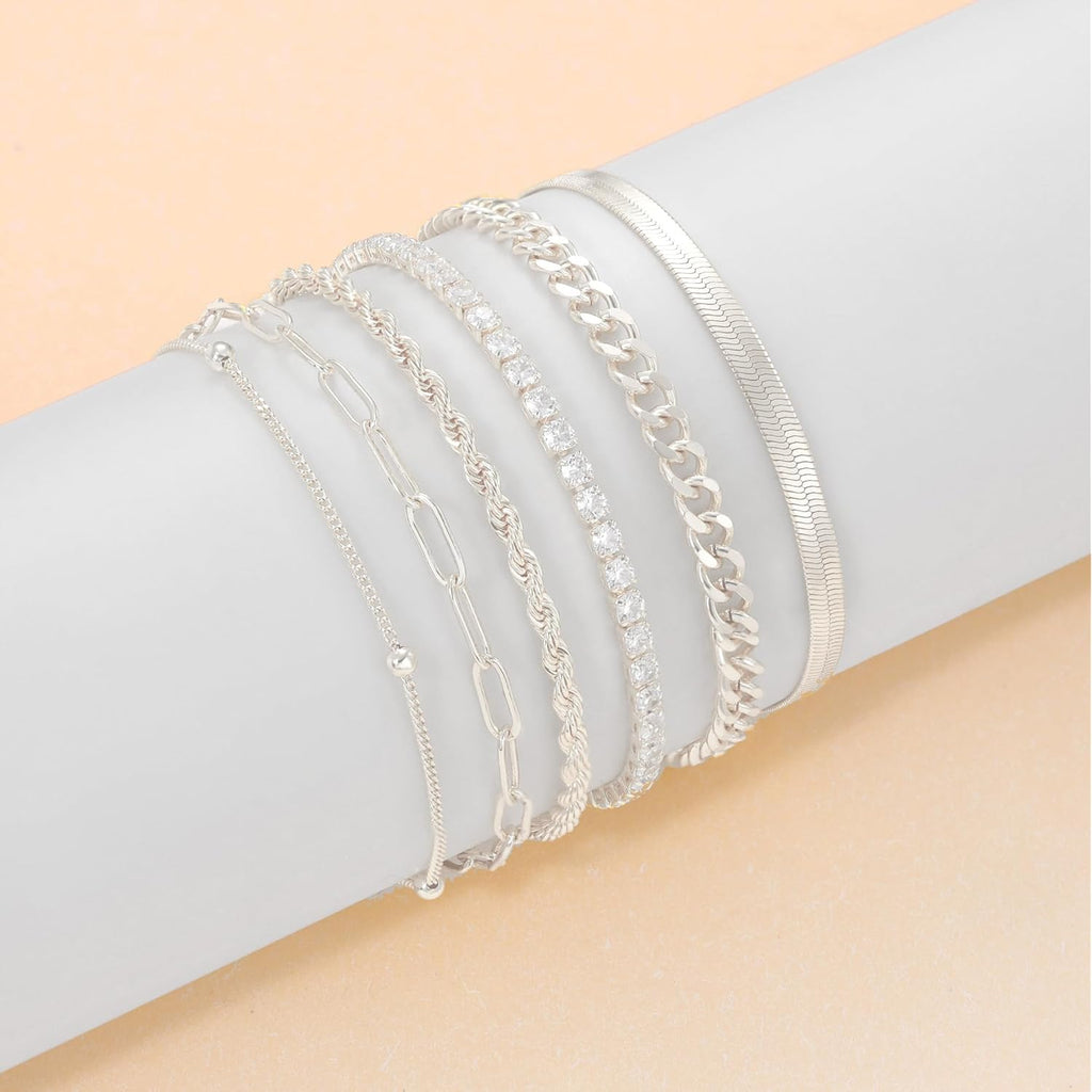 DEARMAY 14K Gold Plated Ankle Bracelets for Women Waterproof - Dainty 6Pcs Anklets Layered Cuban Link Chain Herringbone Cute Anklets Set Pack Summer Beach Jewelry Gift for Women Teen